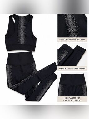 Fabletics XS Black Activewear Set Rhinestone Leggings & Sports Bra Gym Set